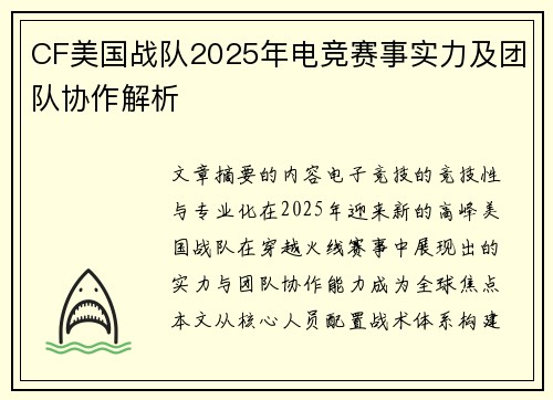 CF美国战队2025年电竞赛事实力及团队协作解析
